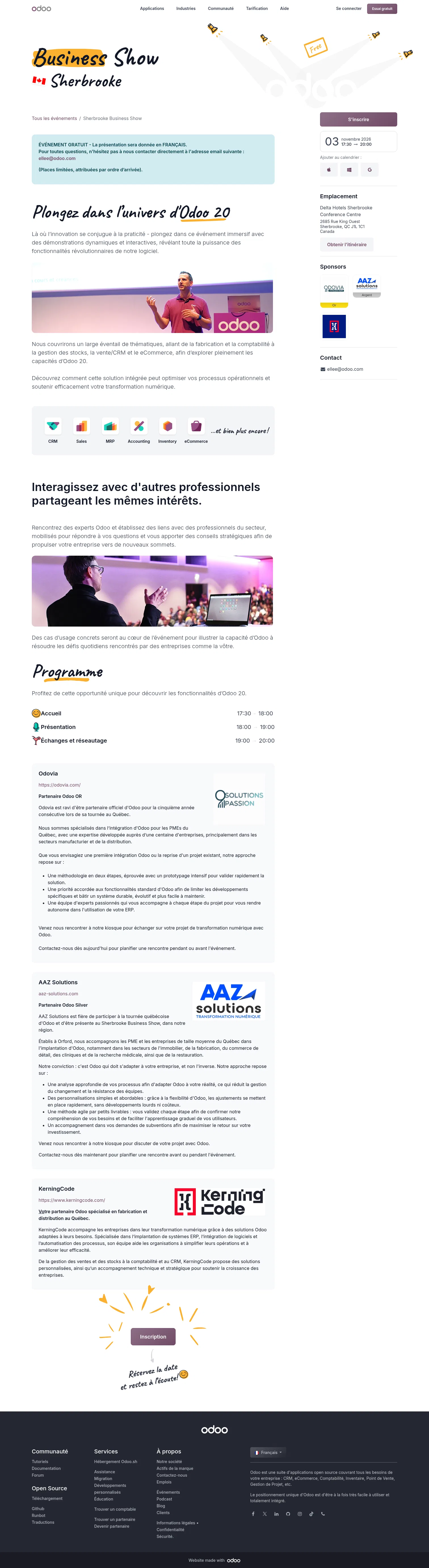 odoo.com/fr_FR/event/sherbrooke-business-show-12592/register on desktop, full screenshot