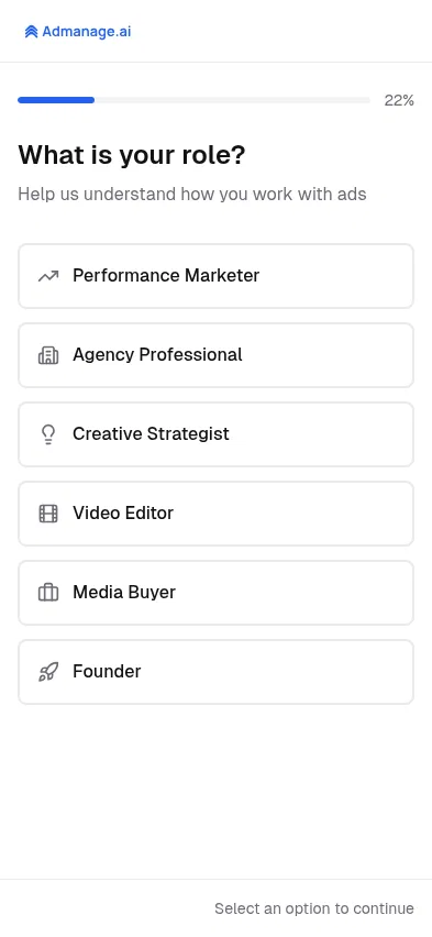 admanage.ai/quiz on mobile, full screenshot