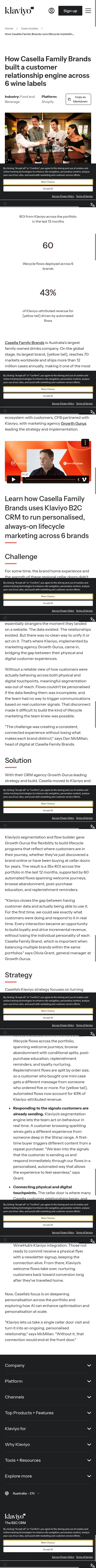 klaviyo.com/au/customers/case-studies/casella-family-brands on mobile, full screenshot