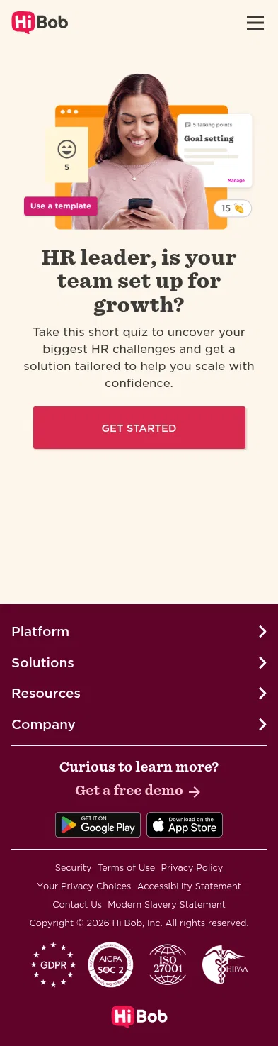 hibob.com/get/lp-quiz on mobile, full screenshot