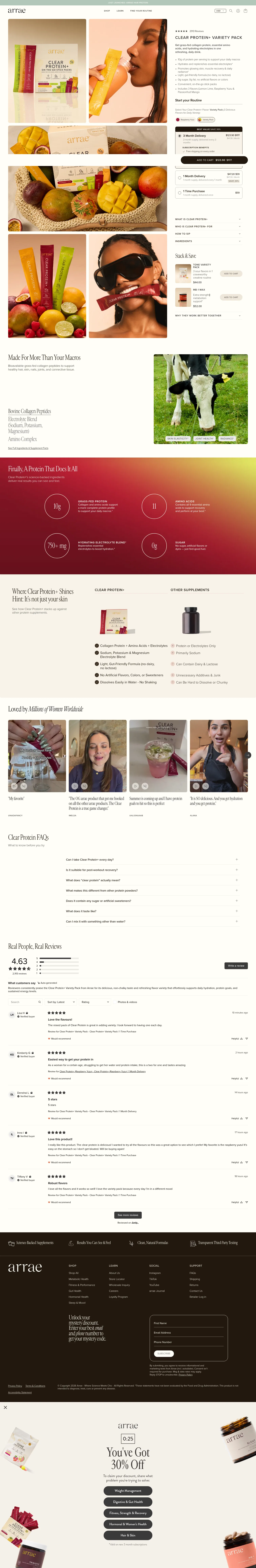 arrae.com/products/clear-protein-variety-pack on desktop, full screenshot