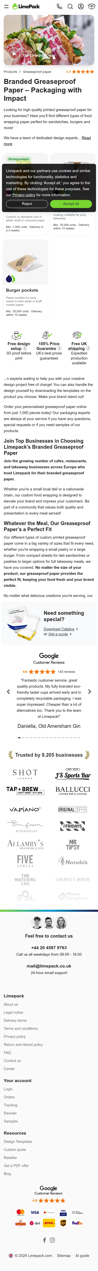 limepack.co.uk/branded-greaseproof-paper on mobile, full screenshot