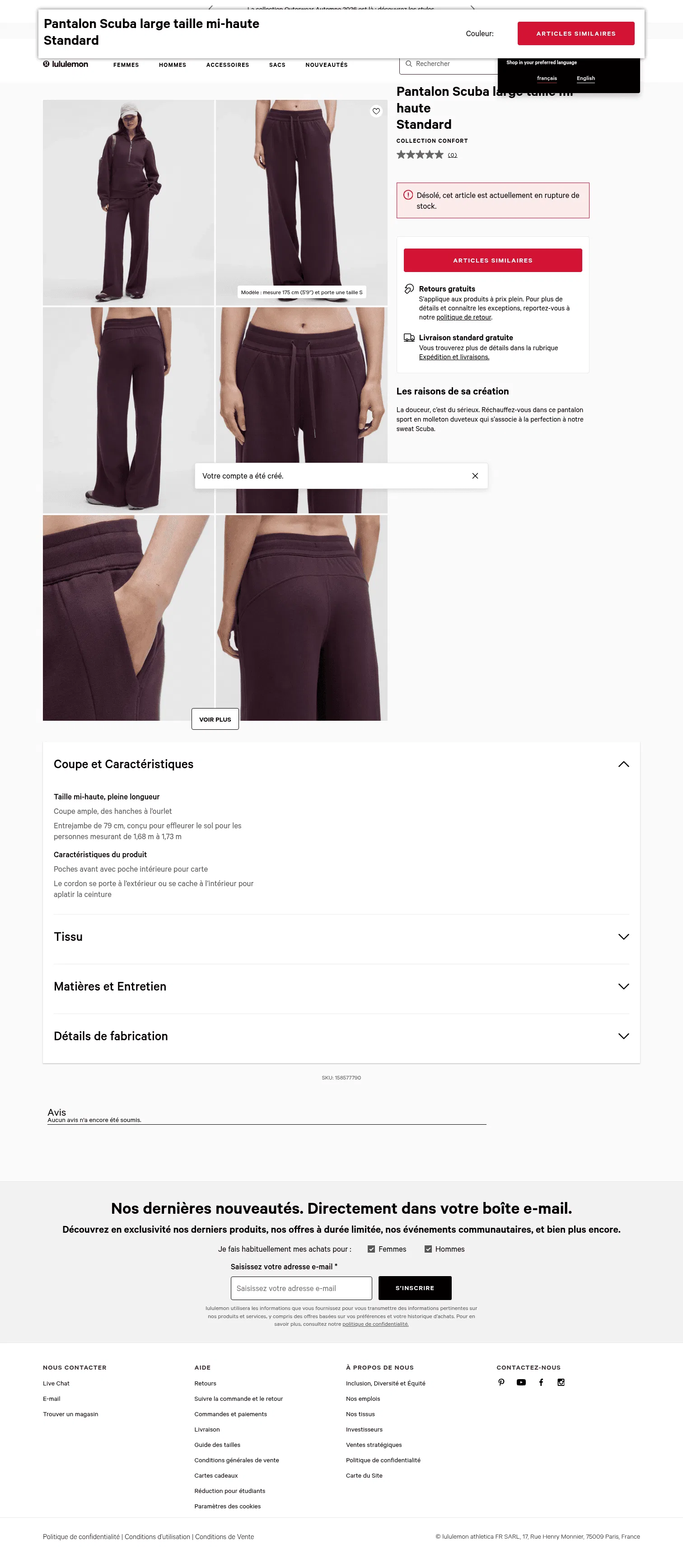 lululemon.fr/fr-fr/p/pantalon-scuba-large-taille-mi-haute-standard/158577790.html on desktop, full screenshot