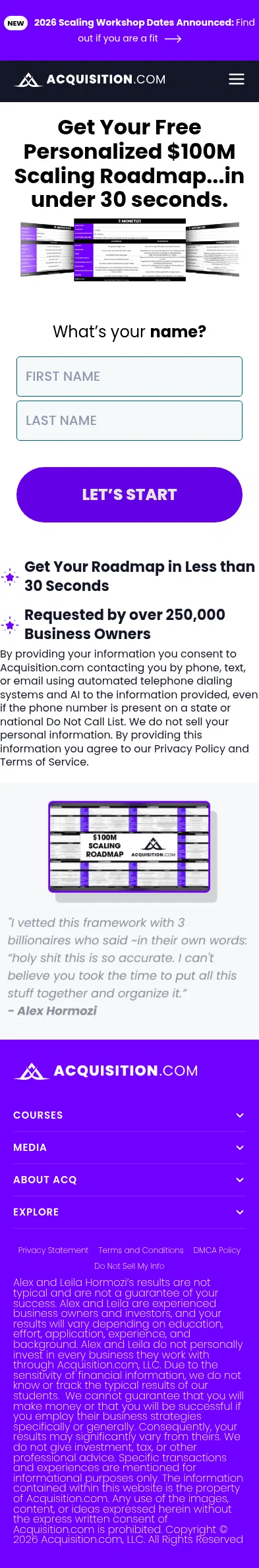 acquisition.com/roadmap on mobile, full screenshot