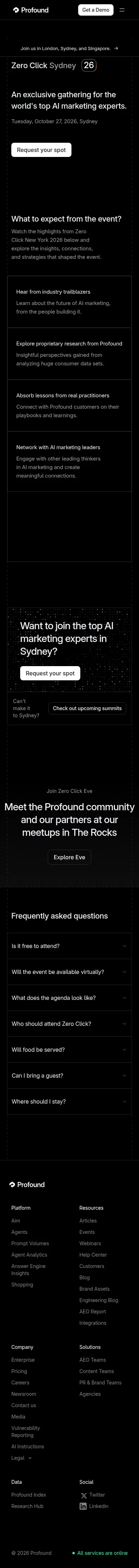 tryprofound.com/zeroclick/sydney on mobile, full screenshot