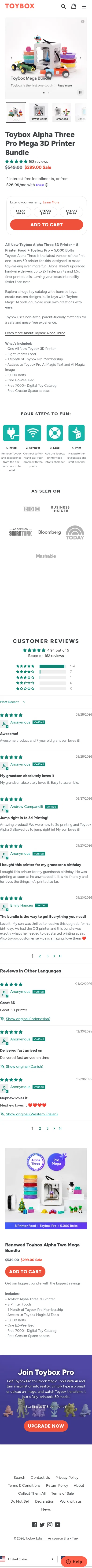 toybox.com/products/toybox-alpha-three-pro-mega-bundle on mobile, full screenshot