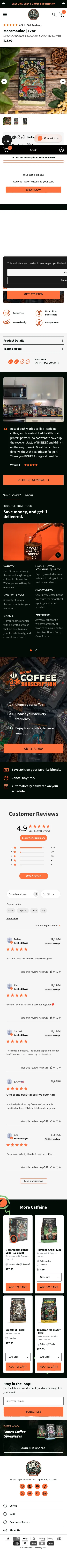 bonescoffee.com/products/macamaniac-macadamia-nut-coconut-12oz on mobile, full screenshot