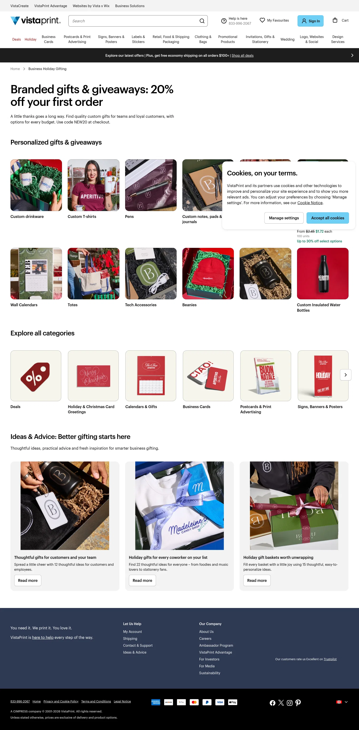 vistaprint.ca/business-holiday-gifting on desktop, full screenshot