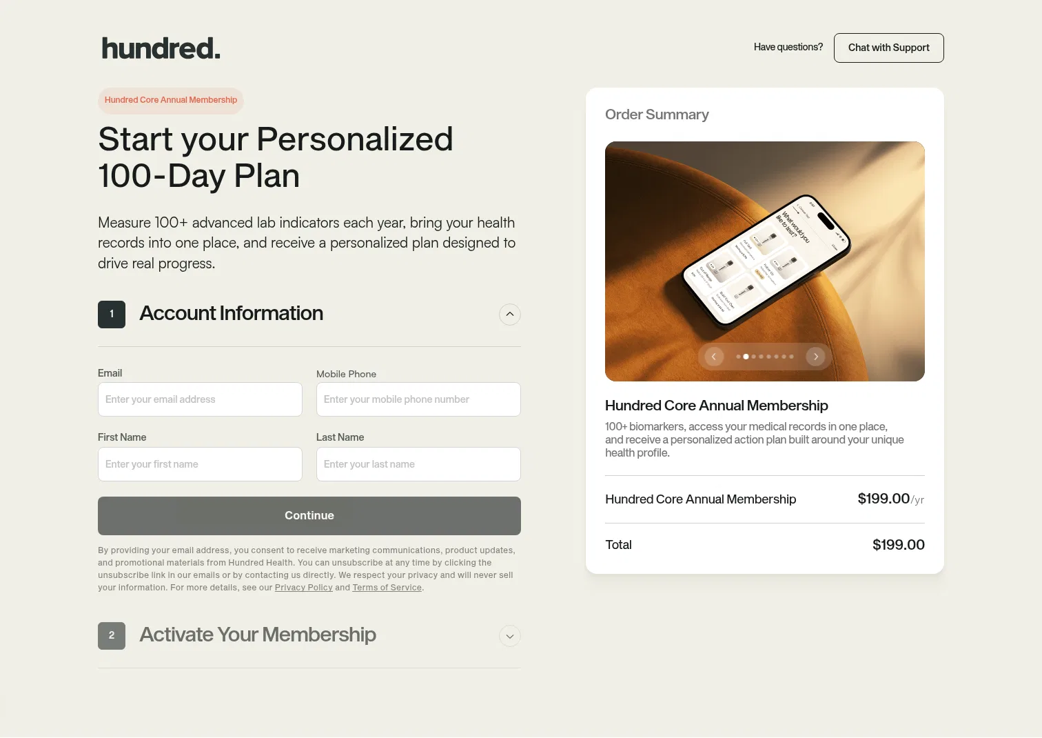 app.hundred.com/membership-checkout on desktop, full screenshot