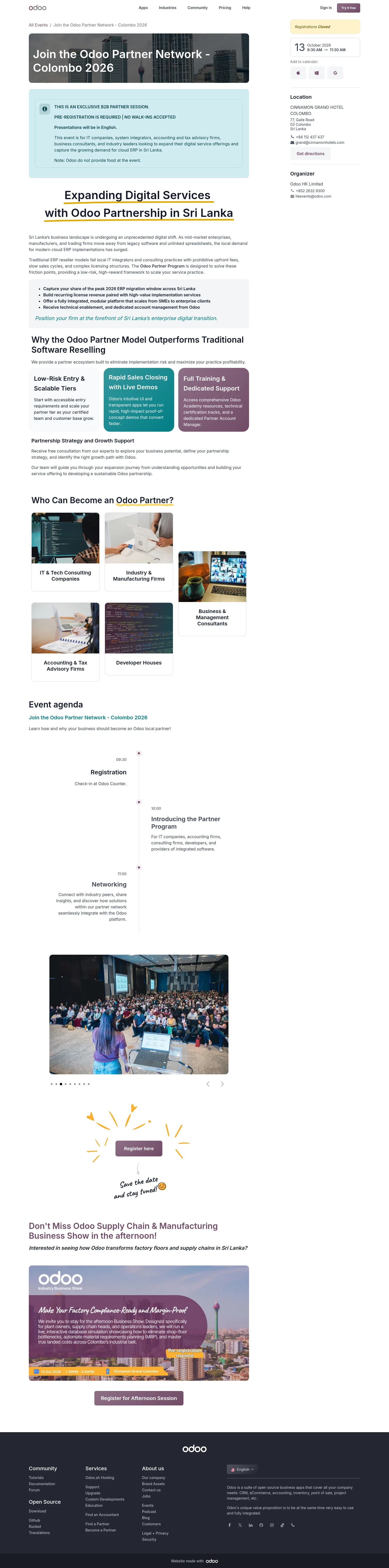 odoo.com/event/odoo-partner-network-colombo-12054/register on desktop, full screenshot