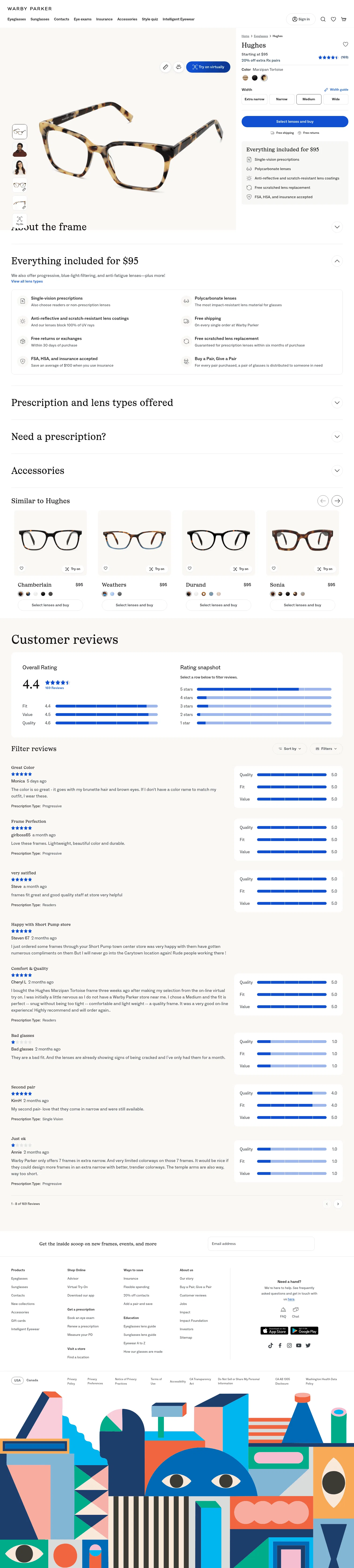 warbyparker.com/eyeglasses/women/hughes/marzipan-tortoise on desktop, full screenshot