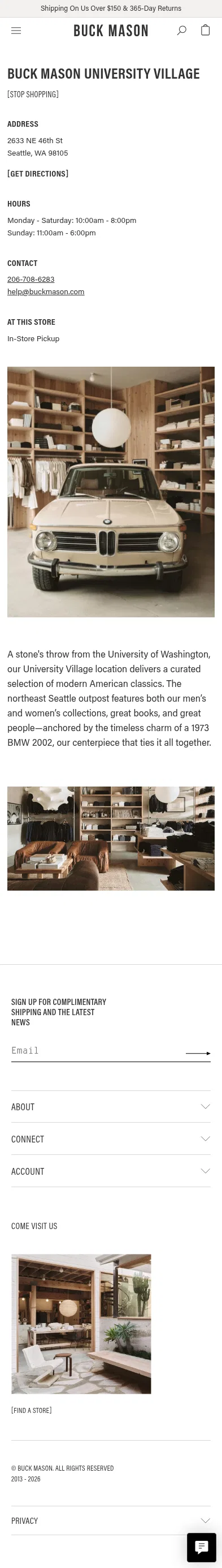 buckmason.com/pages/buck-mason-university-village on mobile, full screenshot
