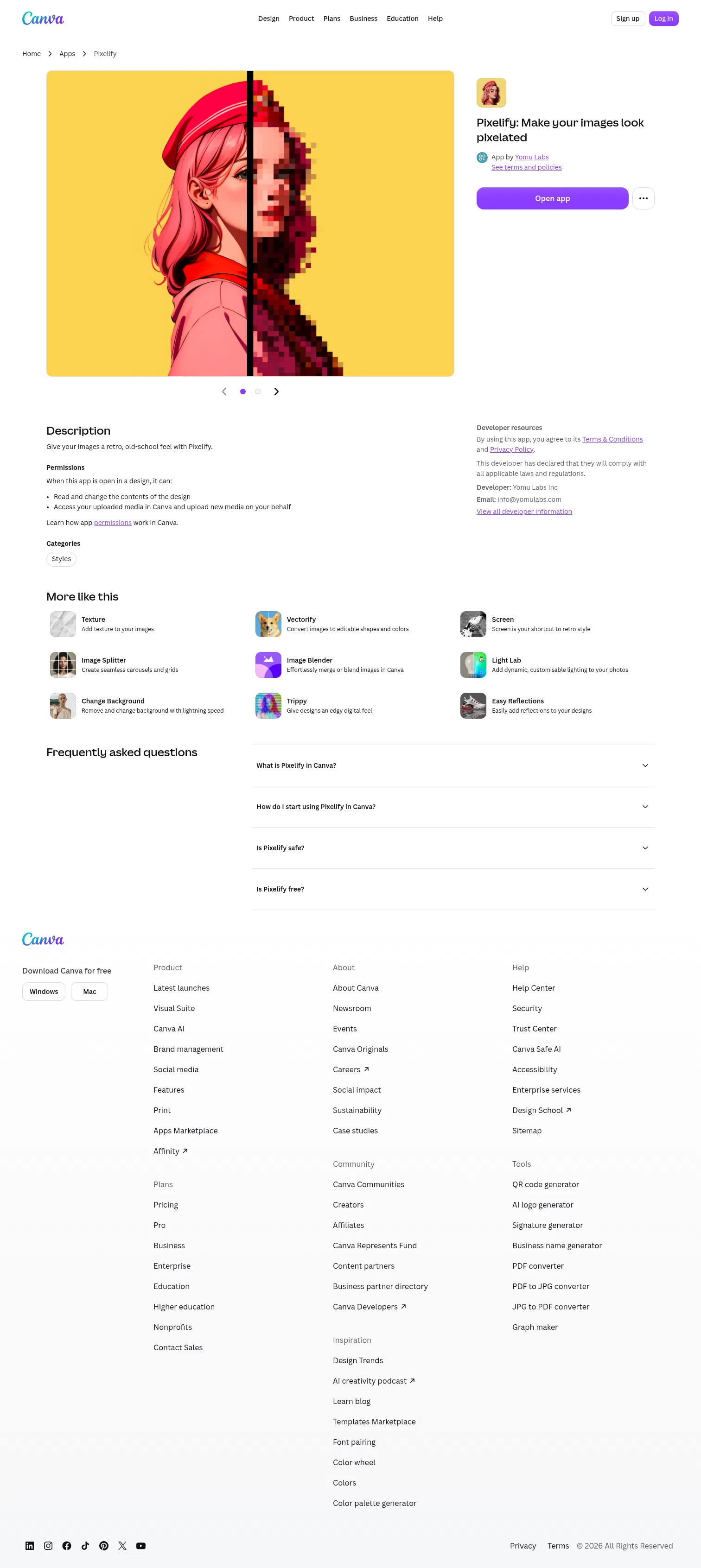 canva.com/apps/AAFslIGJGKc/pixelify on desktop, full screenshot