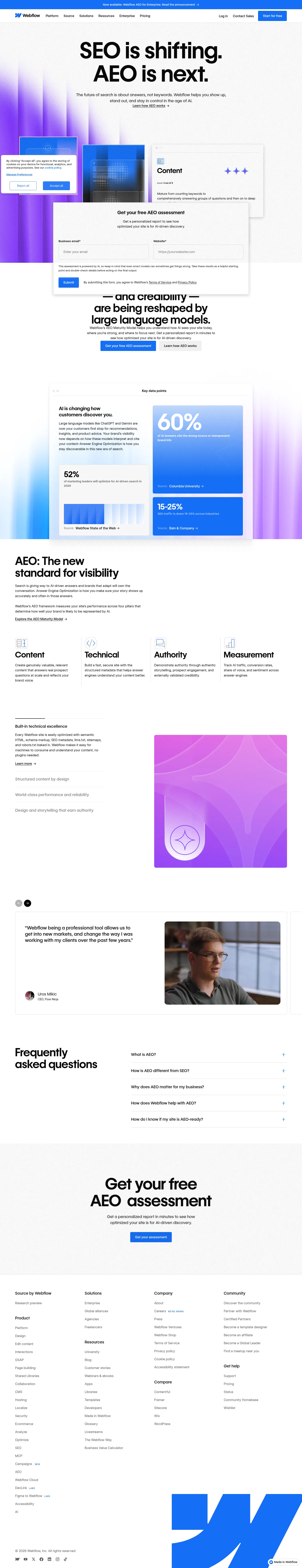 webflow.com/solutions/aeo on desktop, full screenshot
