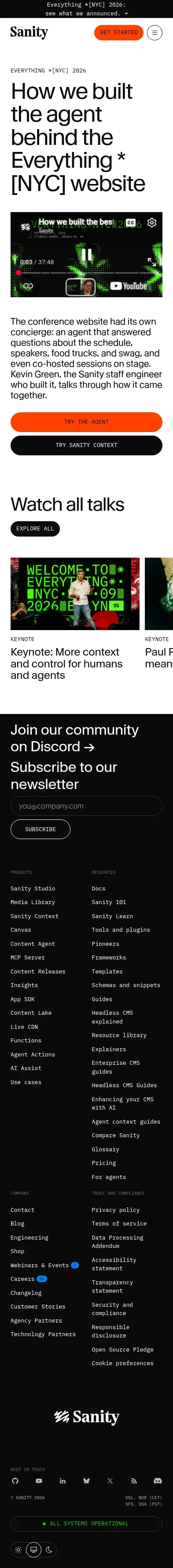 sanity.io/everything-2026-event-agent on mobile, full screenshot