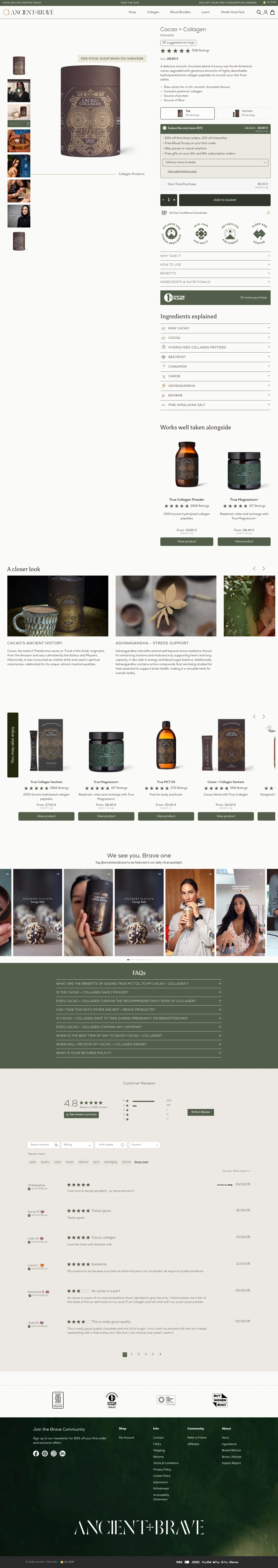 ancientandbrave.eu/products/cacao-collagen on desktop, full screenshot
