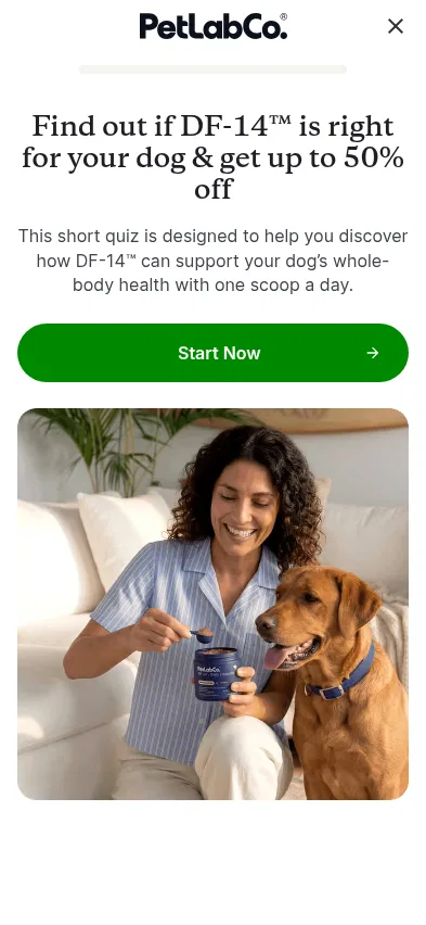 campaigns.thepetlabco.com/df-14-daily-foundation-multifunctional-dog-supplement/quiz/start on mobile, full screenshot