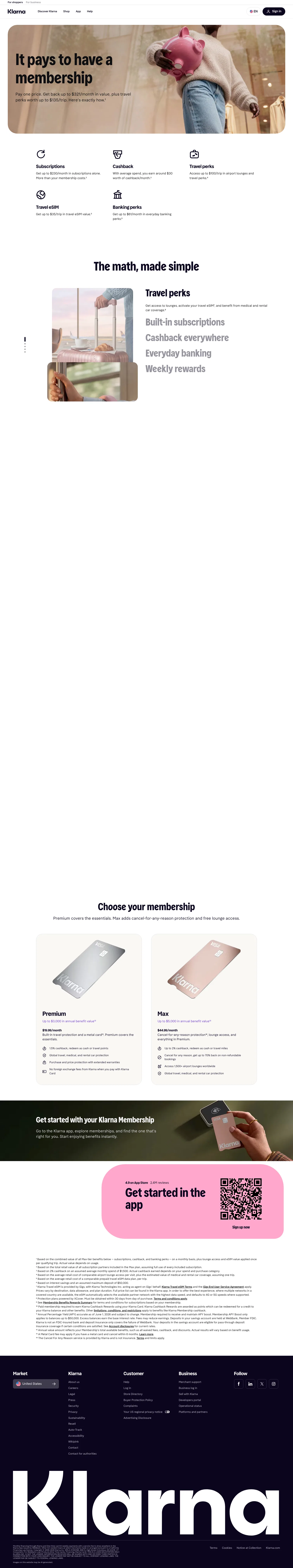klarna.com/us/memberships/benefits on desktop, full screenshot