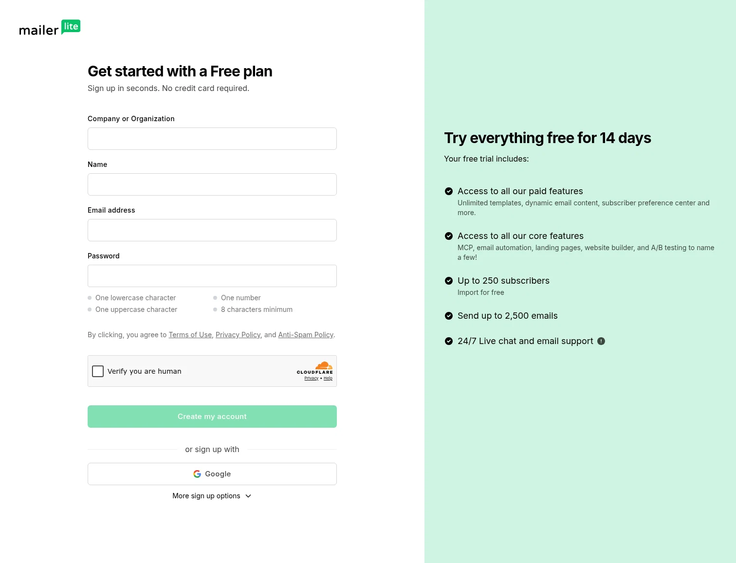 Mailer Lite landing page