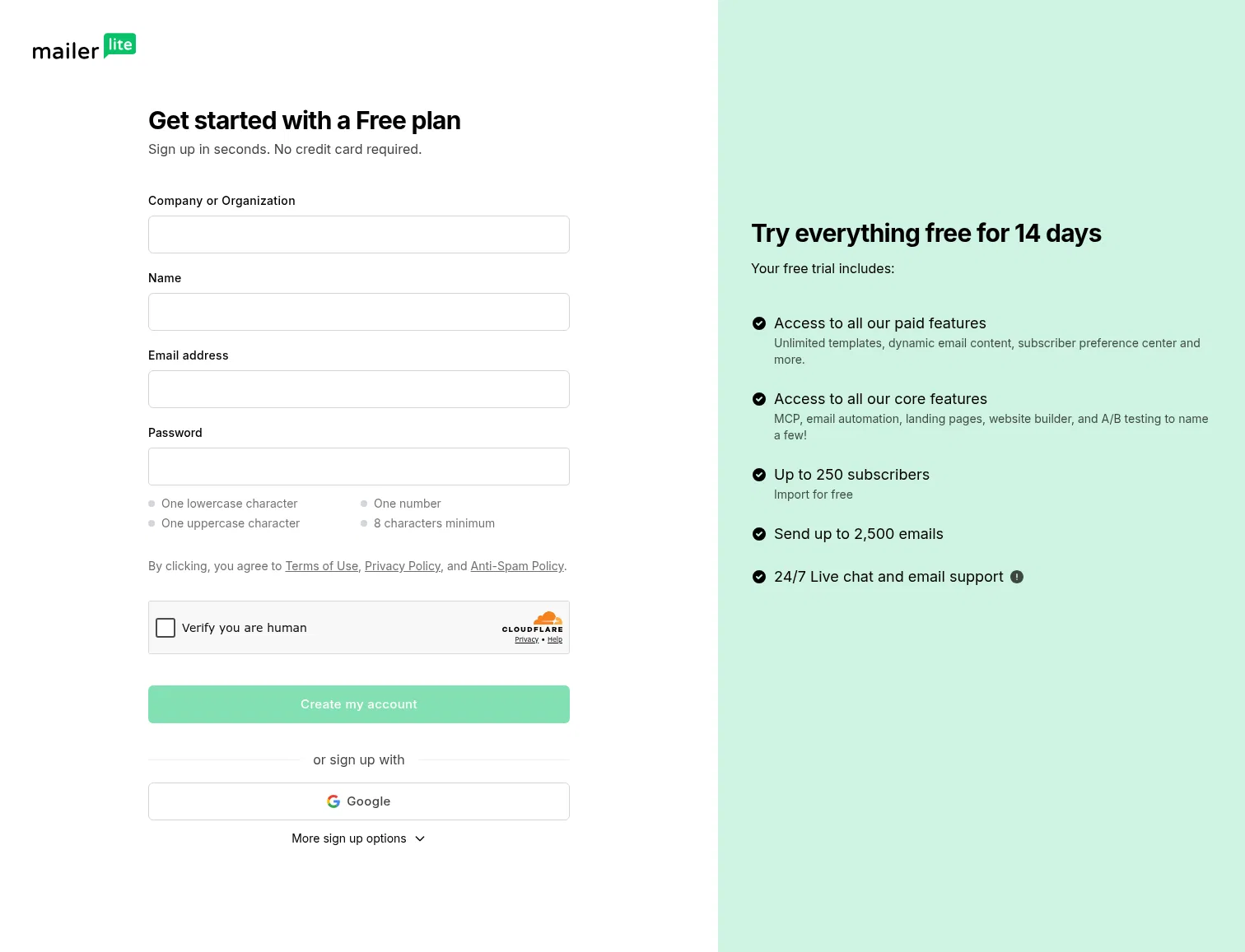 accounts.mailerlite.com/signup on desktop, full screenshot