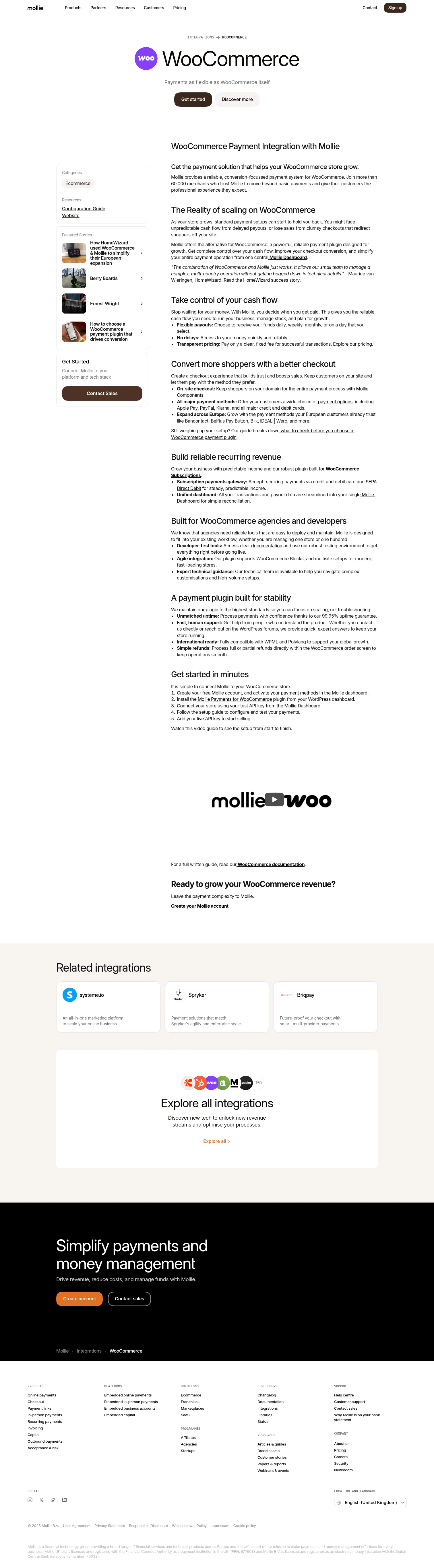 mollie.com/gb/integrations/woocommerce on desktop, full screenshot