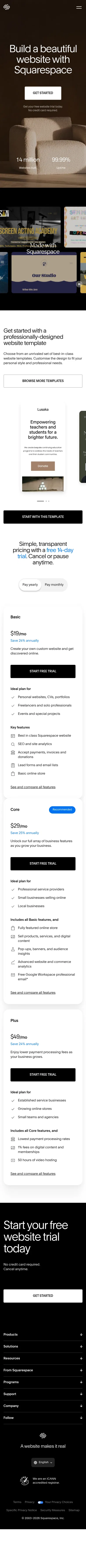squarespace.com/go/build-a-website/ca on mobile, full screenshot
