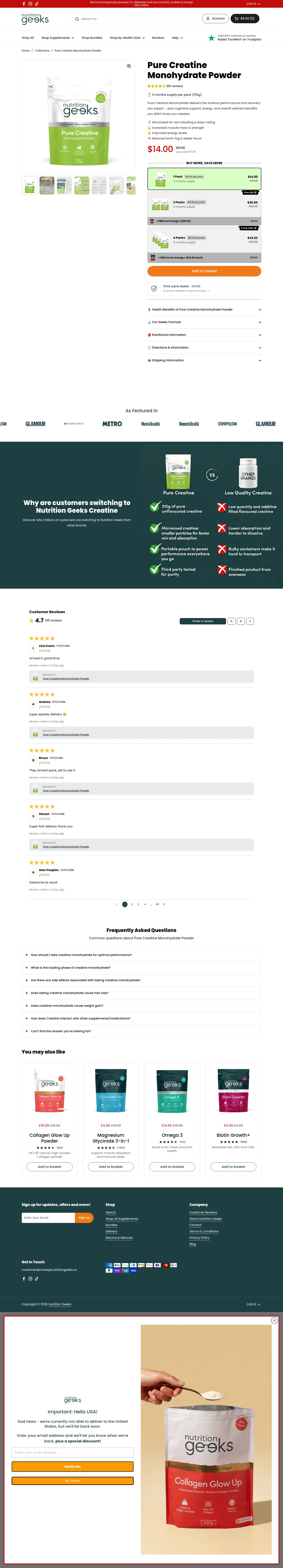 nutritiongeeks.co/products/pure-creatine-monohydrate on desktop, full screenshot