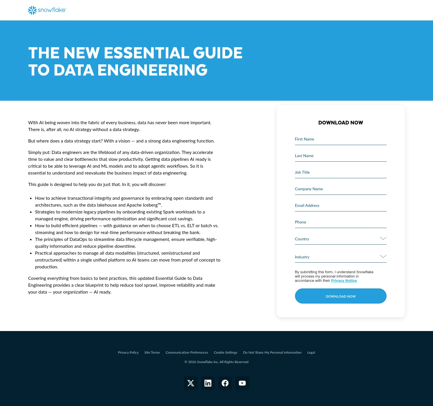 snowflake.com/en/resources/ebook/the-new-essential-guide-to-data-engineering on desktop, full screenshot