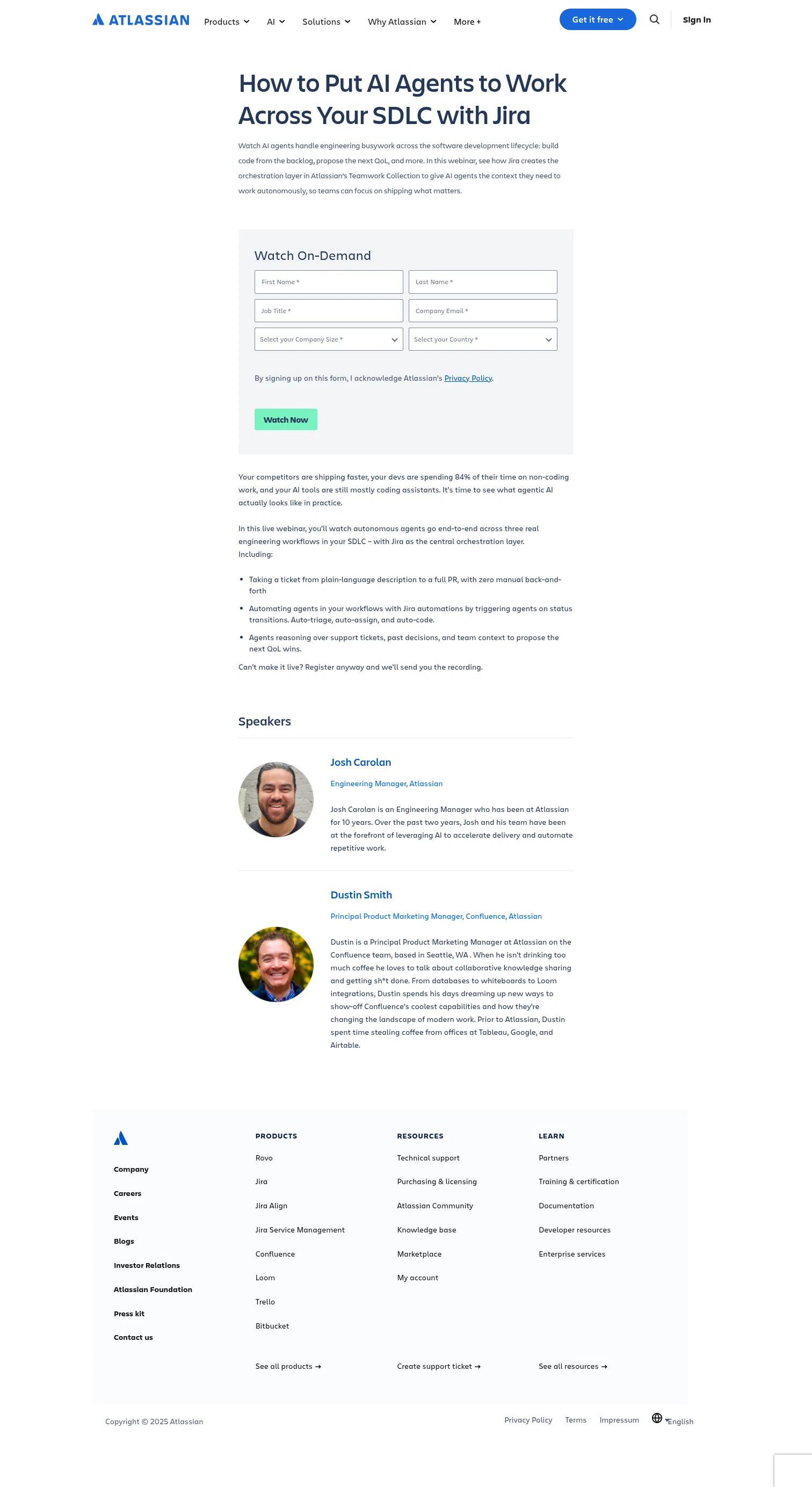 atlassian.com/webinars/enterprise-cloud/put-ai-agents-to-work-across-your-sdlc on desktop, full screenshot