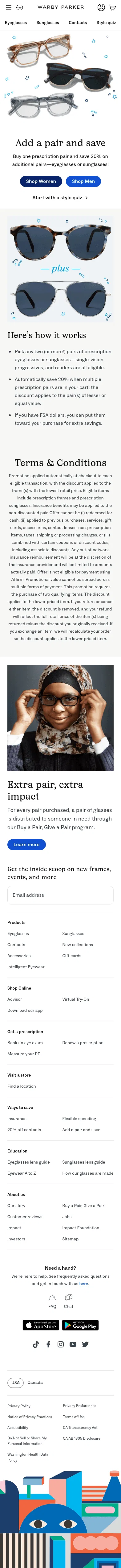 warbyparker.com/add-a-pair-and-save on mobile, full screenshot