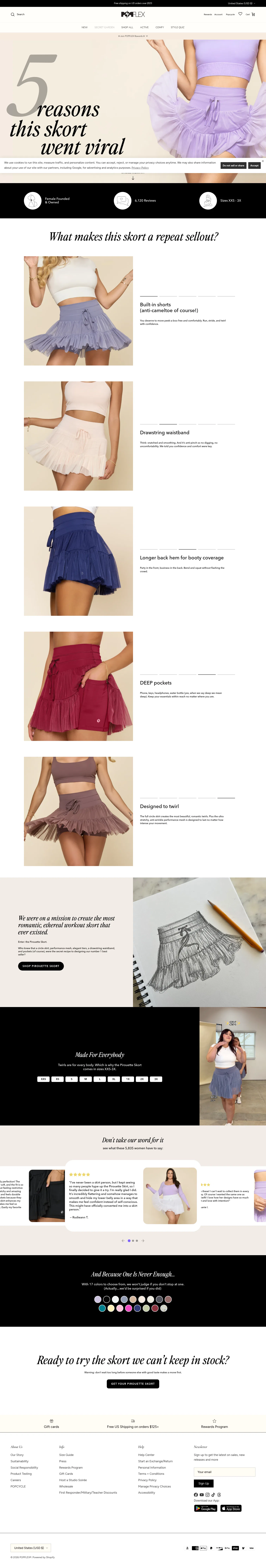 popflexactive.com/pages/pirouette-skort-lp on desktop, full screenshot