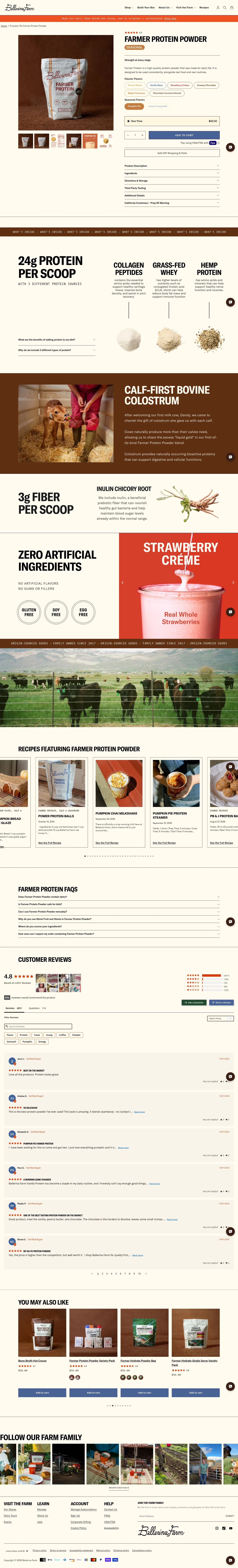 ballerinafarm.com/products/pumpkin-pie-farmer-protein-powder on desktop, full screenshot