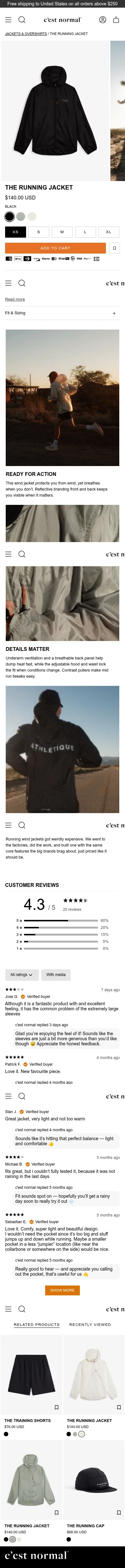 cestnormal.com/products/the-running-jacket-black on mobile, full screenshot