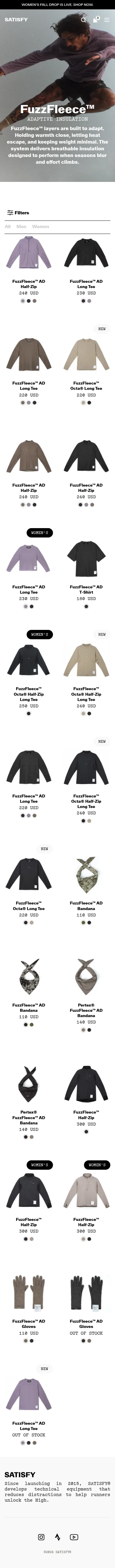 satisfyrunning.com/collections/fuzzfleece on mobile, full screenshot
