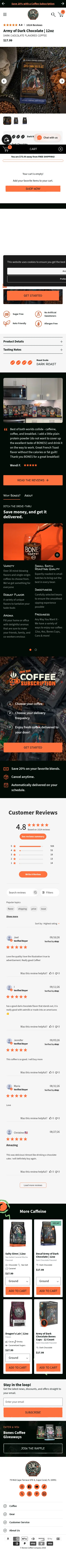 bonescoffee.com/products/army-of-dark-chocolate-12oz on mobile, full screenshot