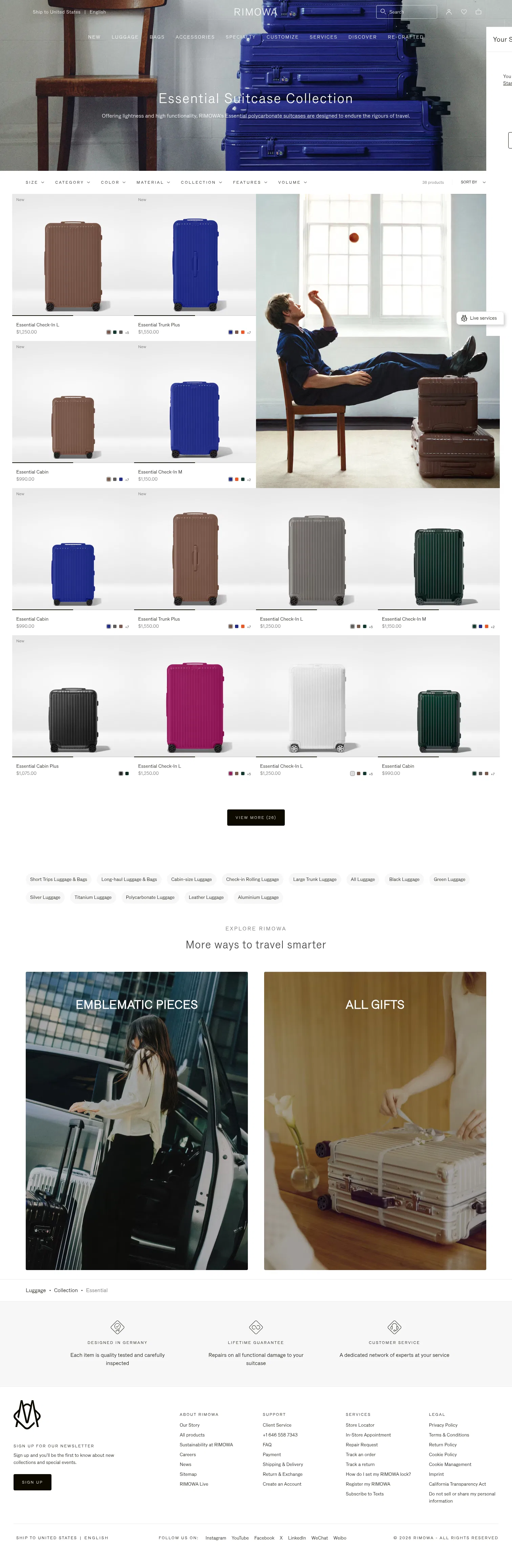 rimowa.com/us/en/essential on desktop, full screenshot