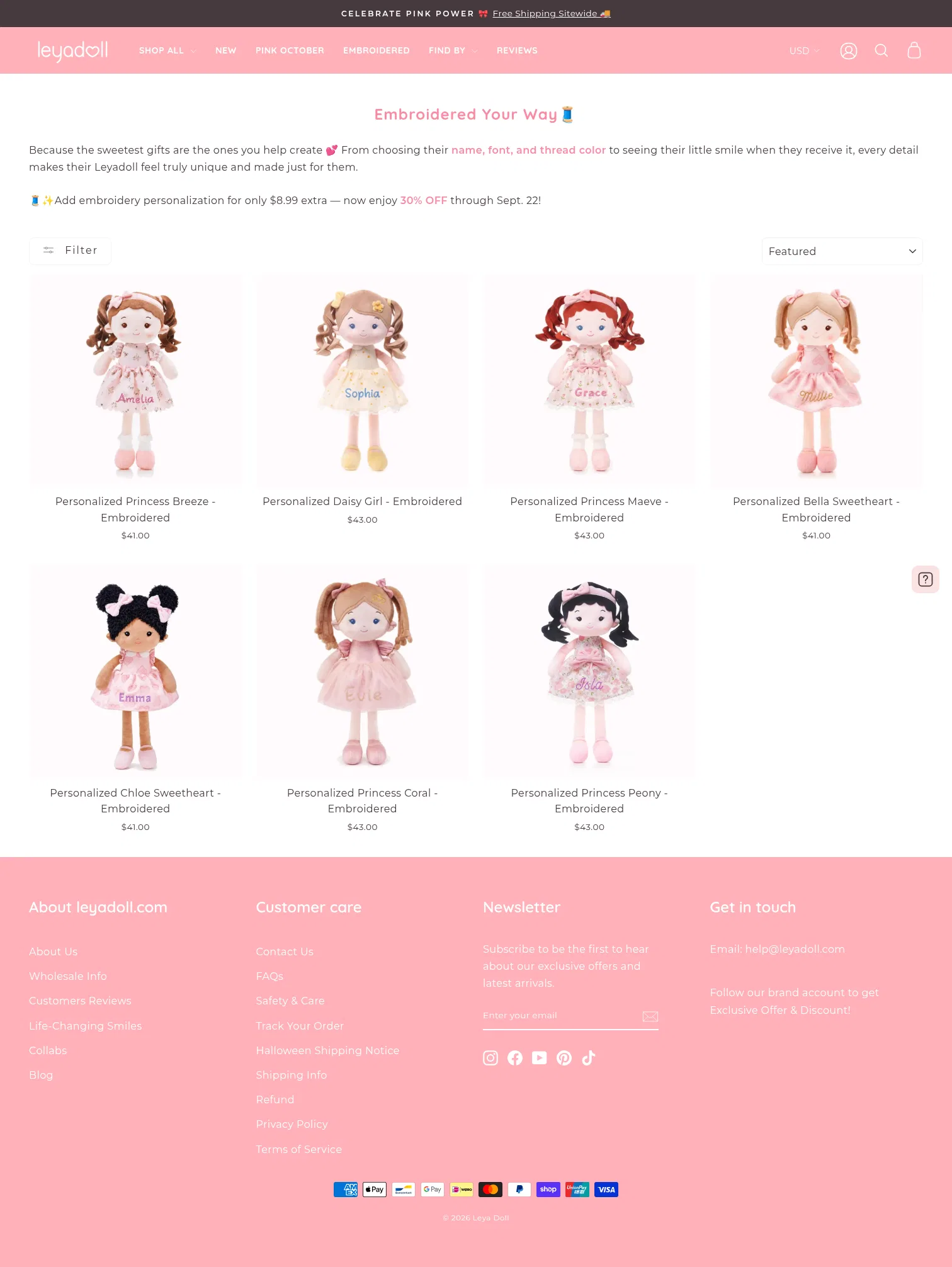 leyadoll.com/collections/embroidery-personalization on desktop, full screenshot