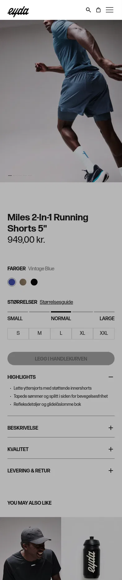 eyda.no/products/miles-2-in-1-running-shorts-5 on mobile, full screenshot