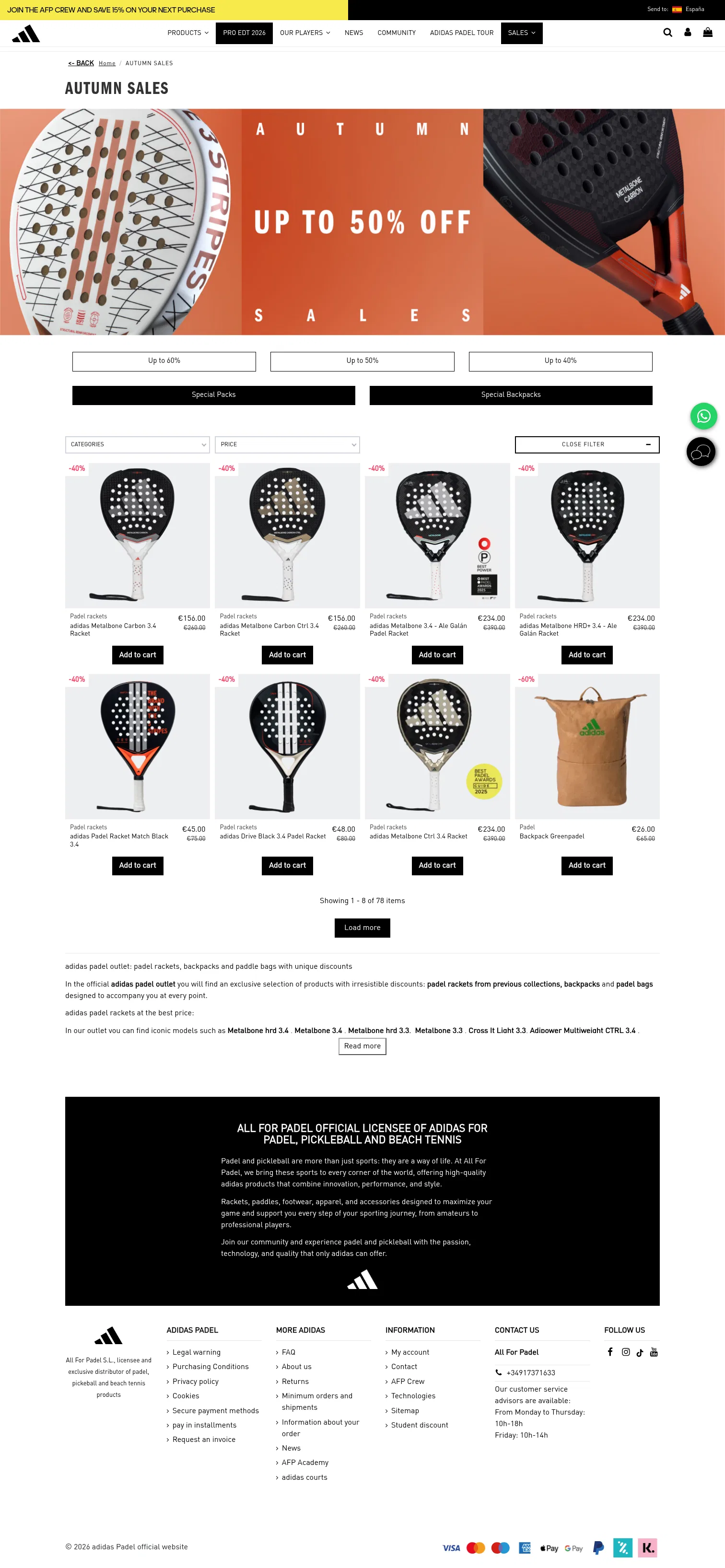 allforpadel.com/en/57-outlet on desktop, full screenshot