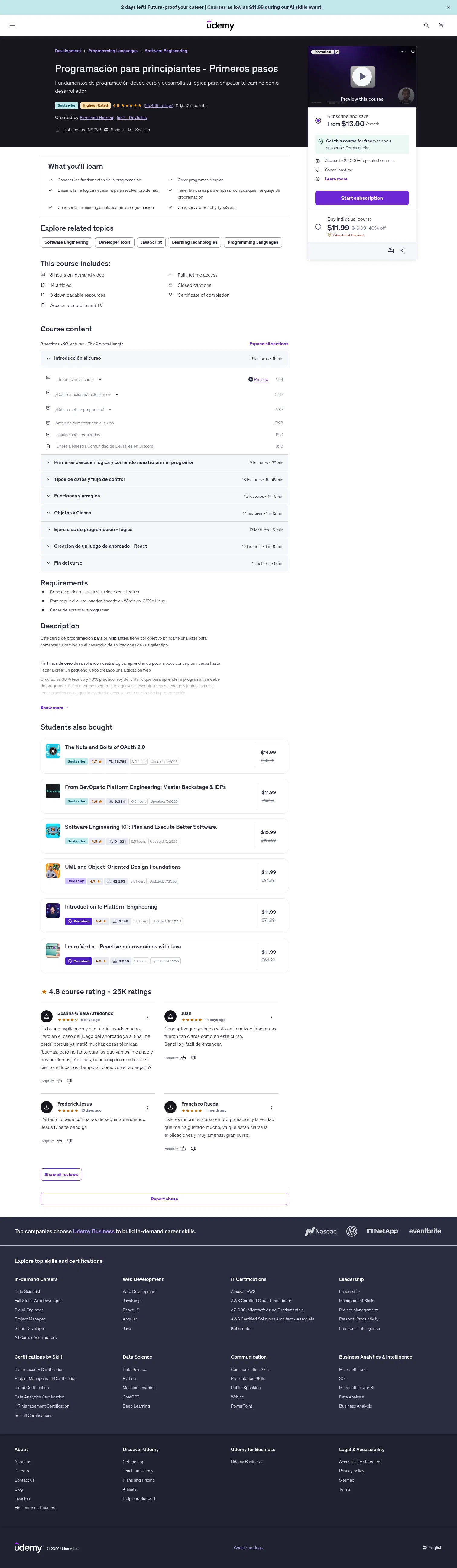 udemy.com/course/programacion-para-principiantes on desktop, full screenshot