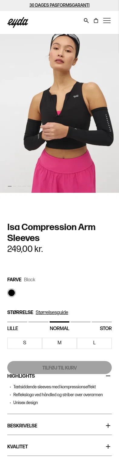 eyda.dk/products/isa-compression-arm-sleeves on mobile, full screenshot