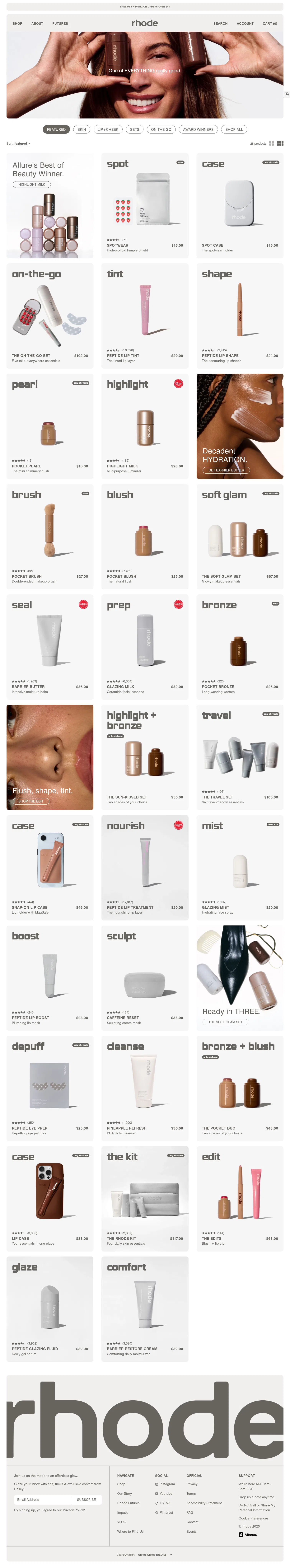 rhodeskin.com/collections/featured on desktop, full screenshot