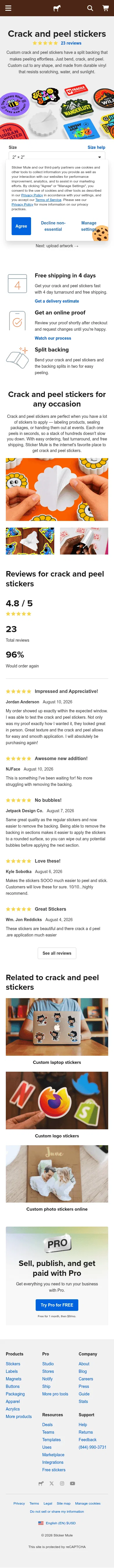 stickermule.com/products/crack-and-peel-stickers on mobile, full screenshot