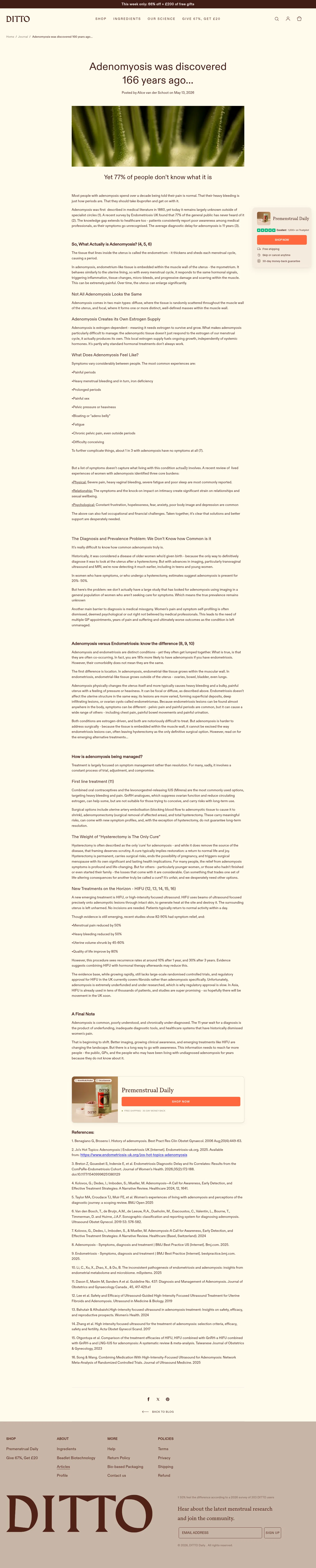 dittodaily.com/blogs/news/adenomyosis-was-discovered-166-years-ago on desktop, full screenshot