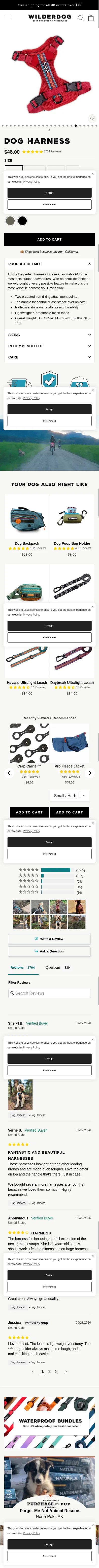 wilderdog.com/products/harness on mobile, full screenshot