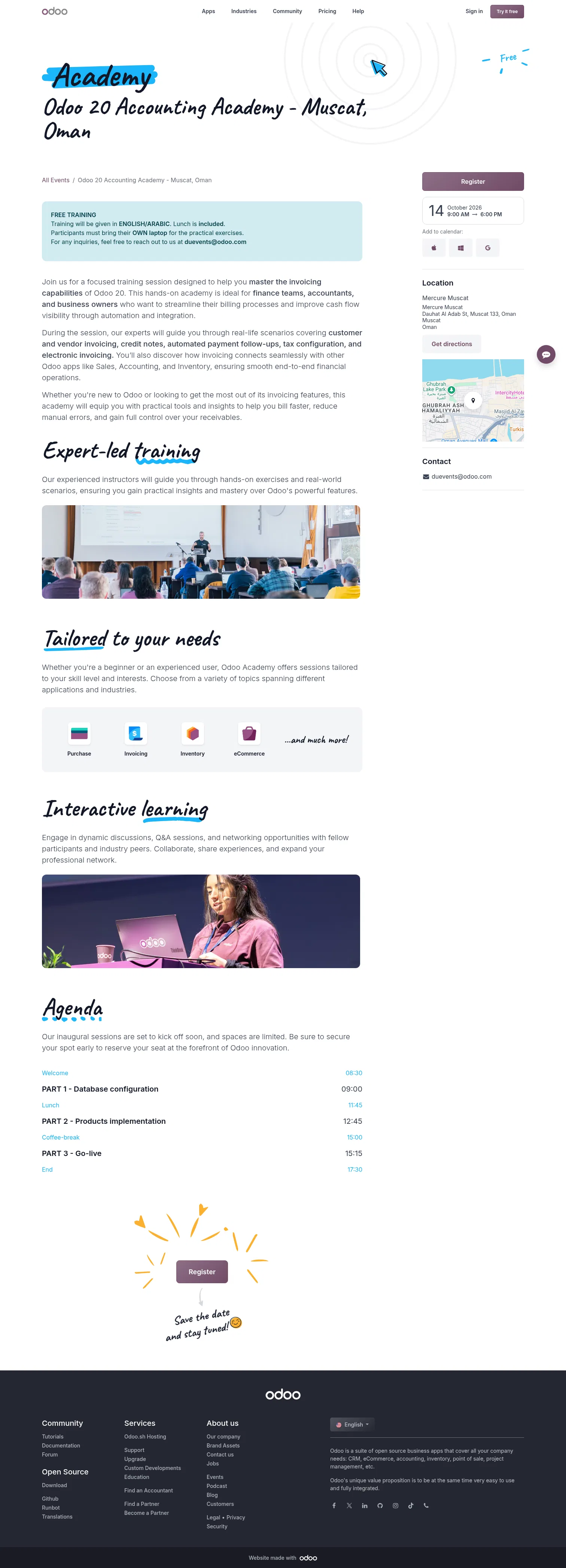 odoo.com/event/odoo-20-accounting-academy-muscat-oman-12315/register on desktop, full screenshot