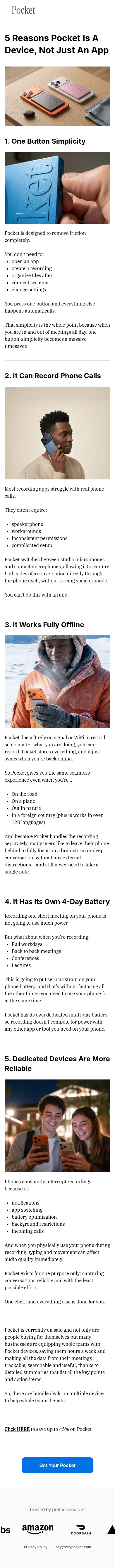 heypocket.com/pages/why-isnt-pocket-just-an-app on mobile, full screenshot