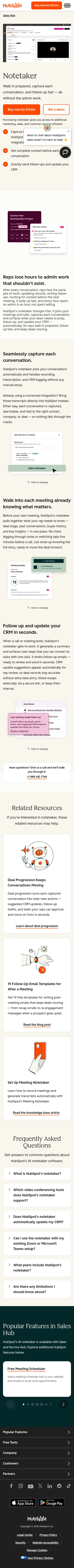 hubspot.com/products/sales/ai-notetaker on mobile, full screenshot