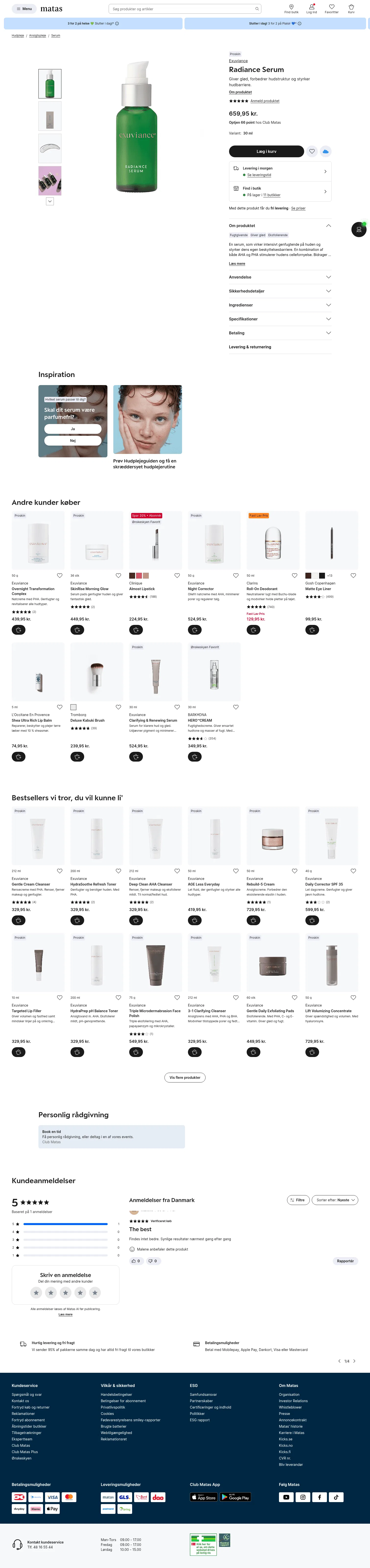matas.dk/exuviance-radiance-serum-30-ml on desktop, full screenshot