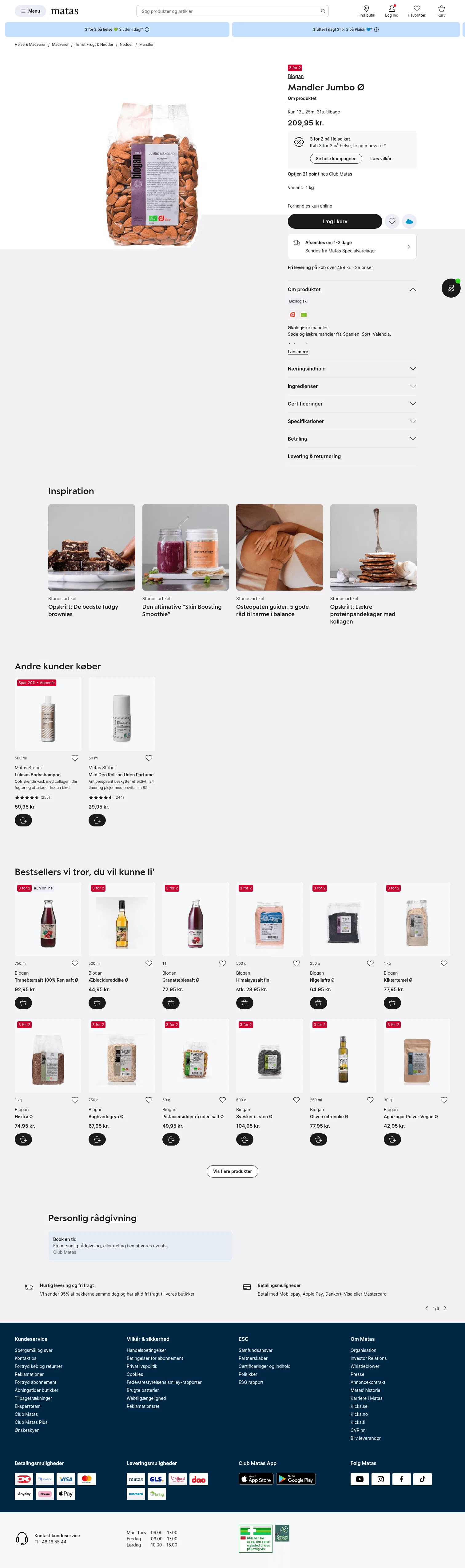 matas.dk/biogan-mandler-jumbo-oe-1-kg on desktop, full screenshot